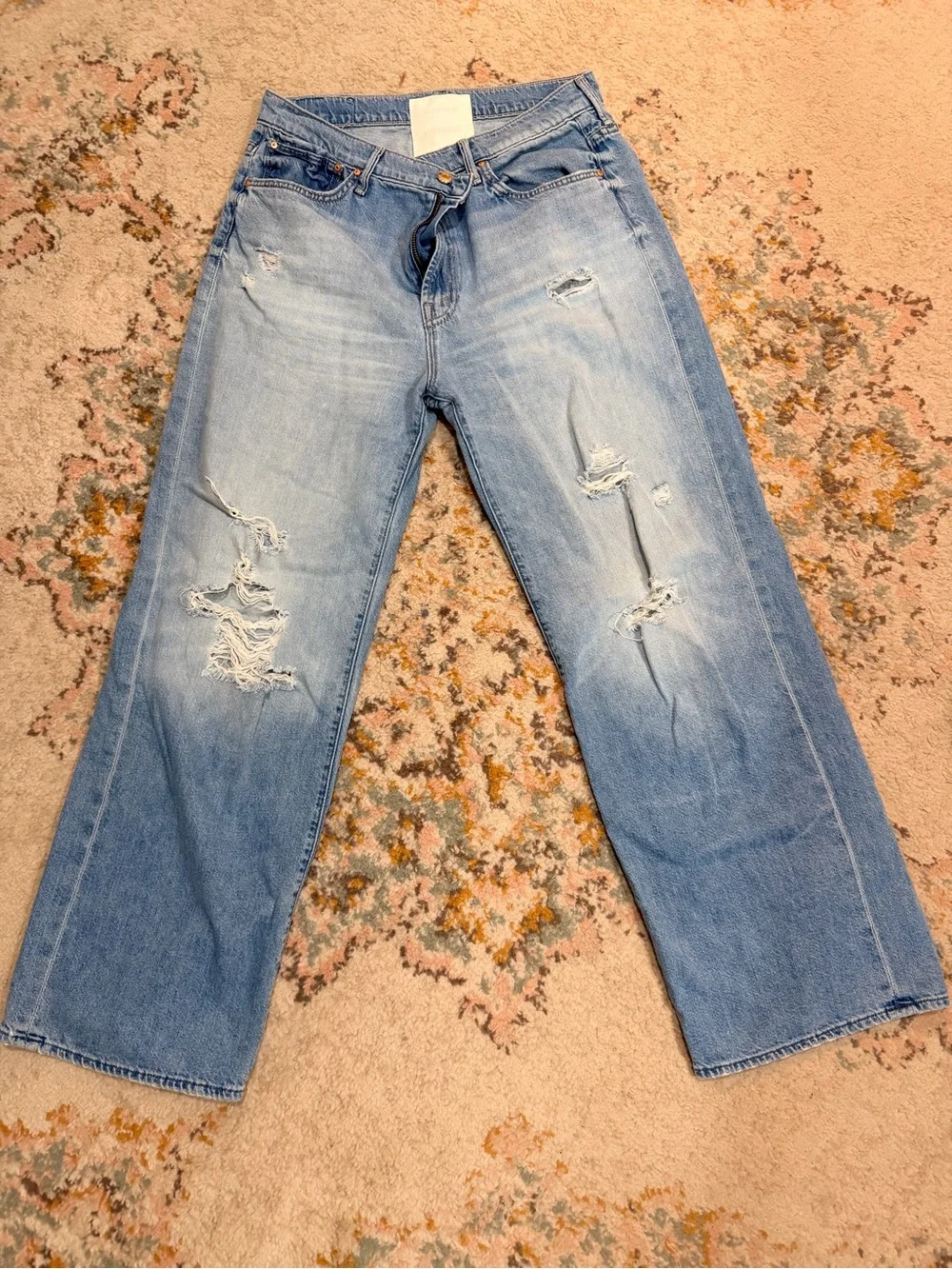 MOTHER Light Blue Distressed Wide-Leg Jeans Lil’ Dodger Sneak - Picture 2 of 7